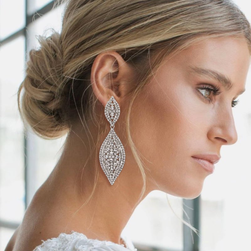 Flyonce Women's Rhinestone Crystal Wedding Bridal 2 Leaf Drop Dangle Large Long Chandelier Earrings Clear 3.3" - Image 2